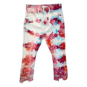 LOFT Size 00 Jeans Handmade Tie Dye High Waist Flare Crop Cut Off Frayed Raw 754